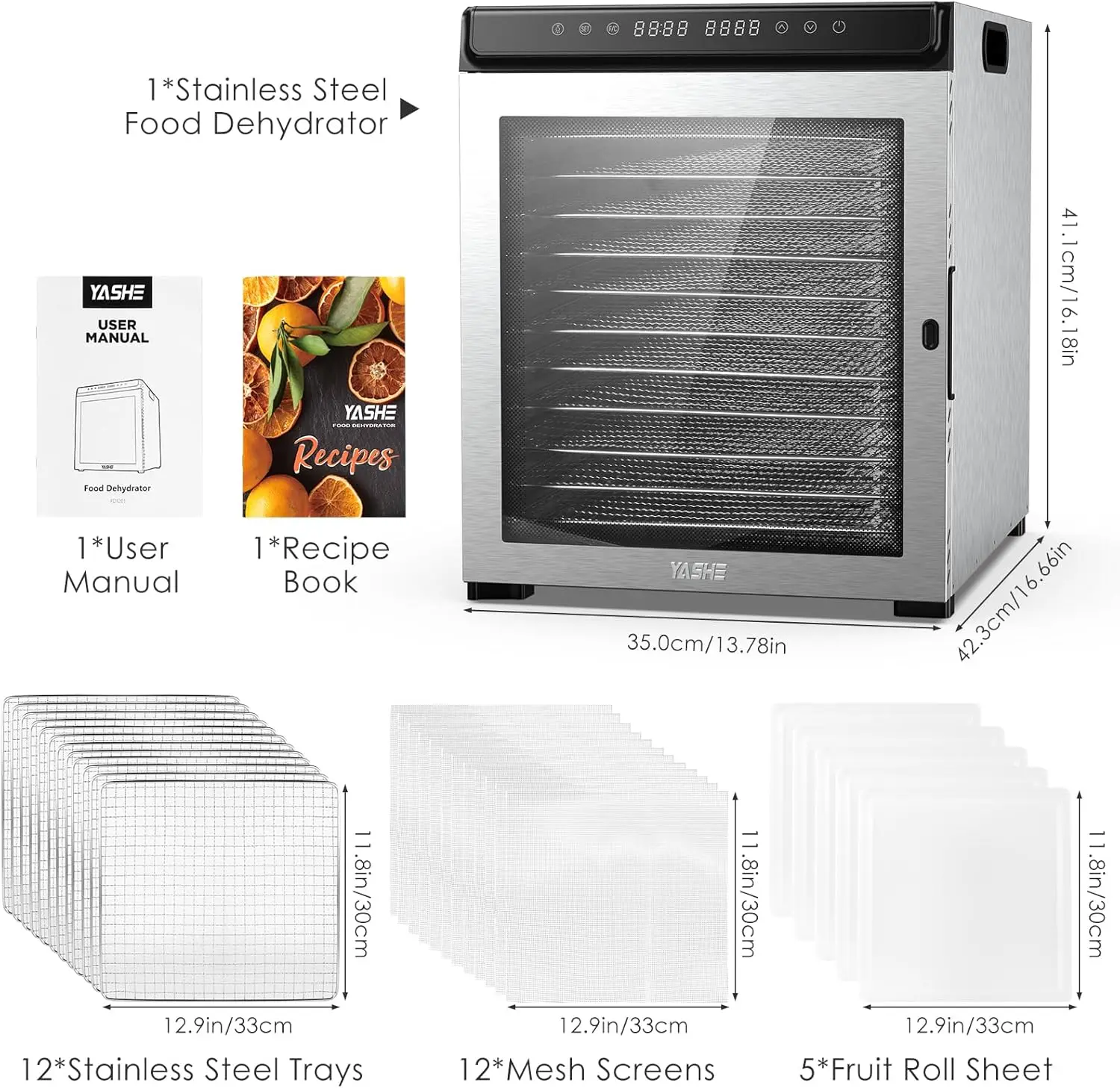 Food Dehydrator Machine 12 Stainless Steel Food Dryer 72H Timer Temperature Control 1300W Dehydrators
