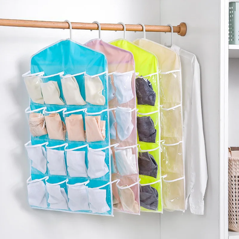 16 Grid Pockets Clear Hanging Storage Organizer for Socks Bra Underwear Stationery