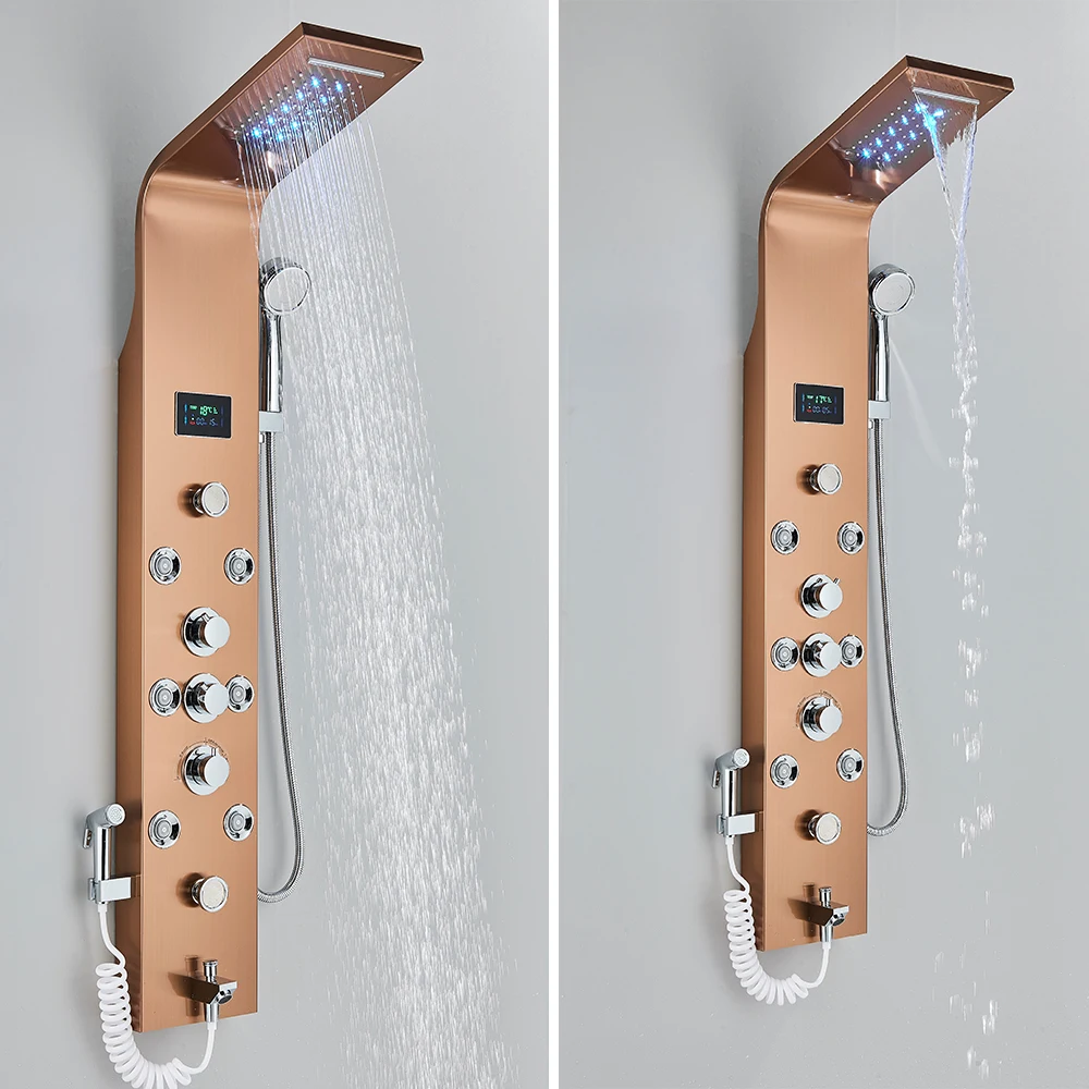 Shower Panel Bathroom Shower Faucet Set LED Bathroom Shower Panel 6 Modes Intelligent LCD Shower Column Rose Gold Rain Waterfall Bath Systems With Massage Jet Mixer Tap