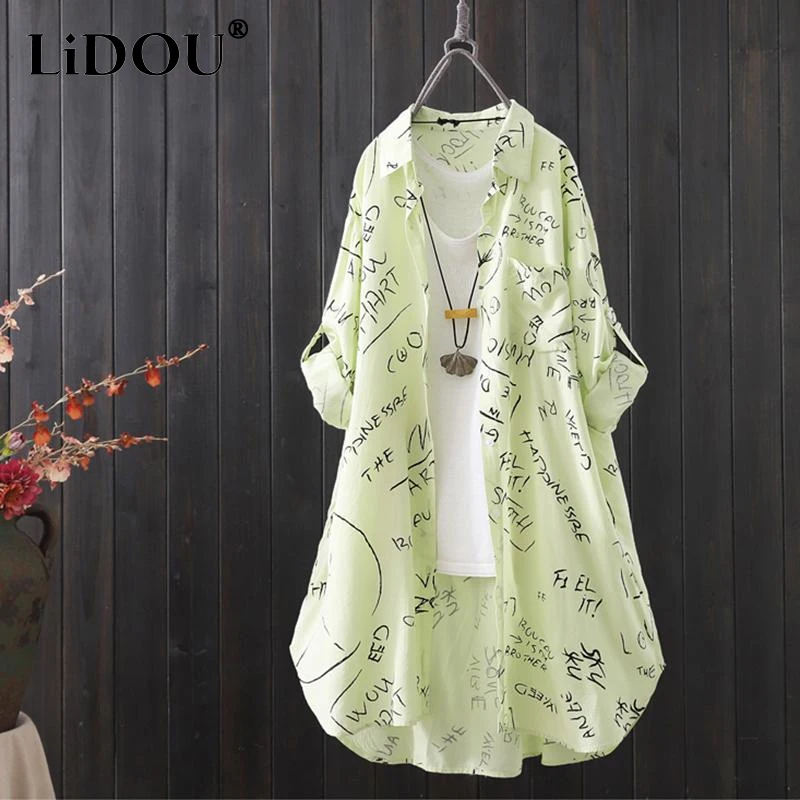 2023 Summer New Turn-down Collar Long Sleeve Button Mid-length Shirt Women Fashion Printing Loose Casual All-match Cardigan