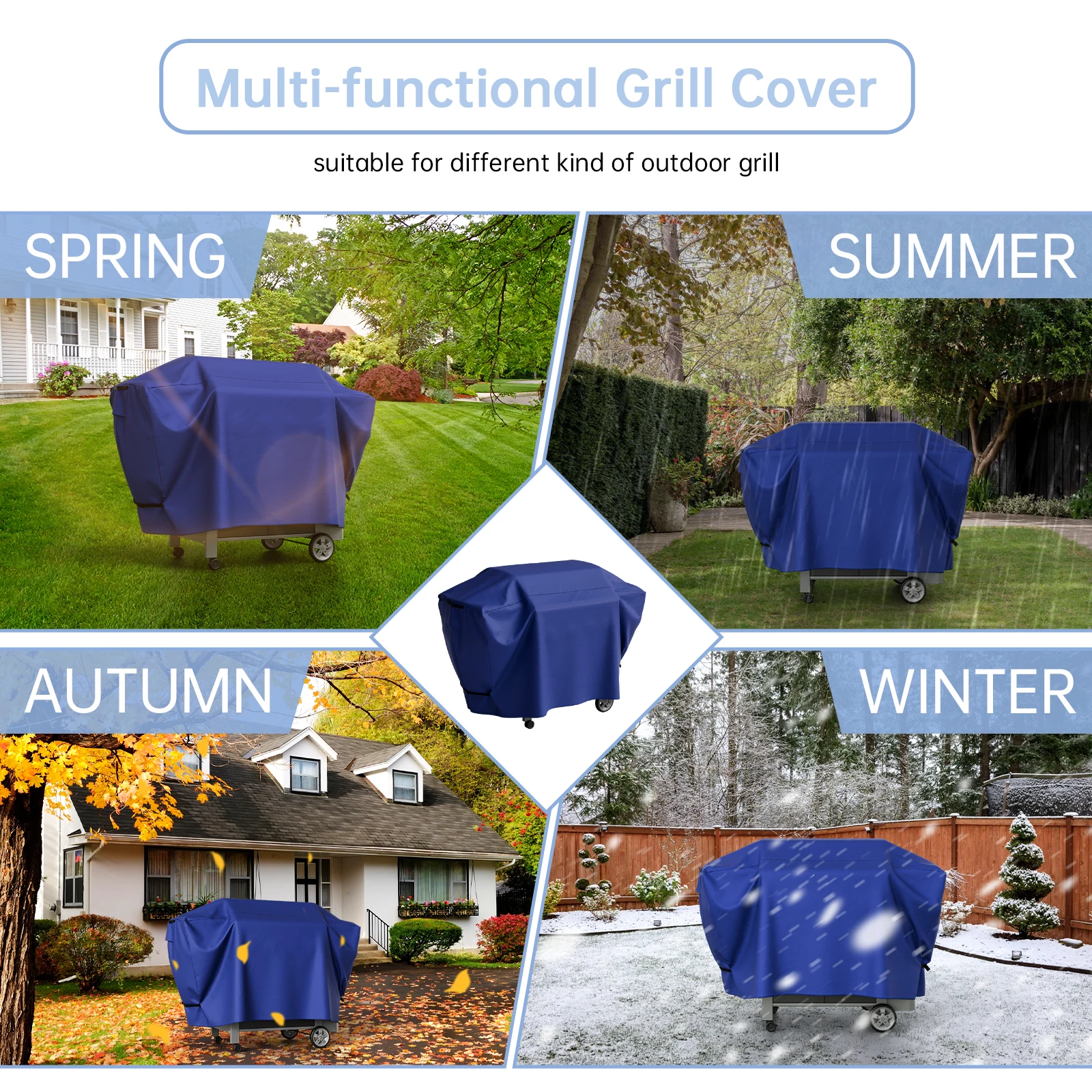 420D Outdoor Grill Cover BBQ Barbeque Cover Anti-Dust Waterproof Rip-Proof with Hook-and-Loop Straps & Adjustable Hem Drawstring