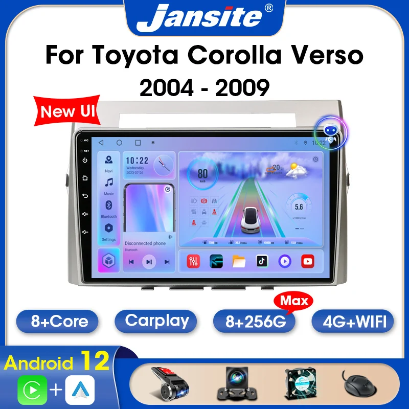 Jansite 2 Din Android 12 Autoradio Per Toyota Corolla Verso Ar10 2004-2009 Lettore Video Multimediale Stereo Carplay Auto Head Unit
