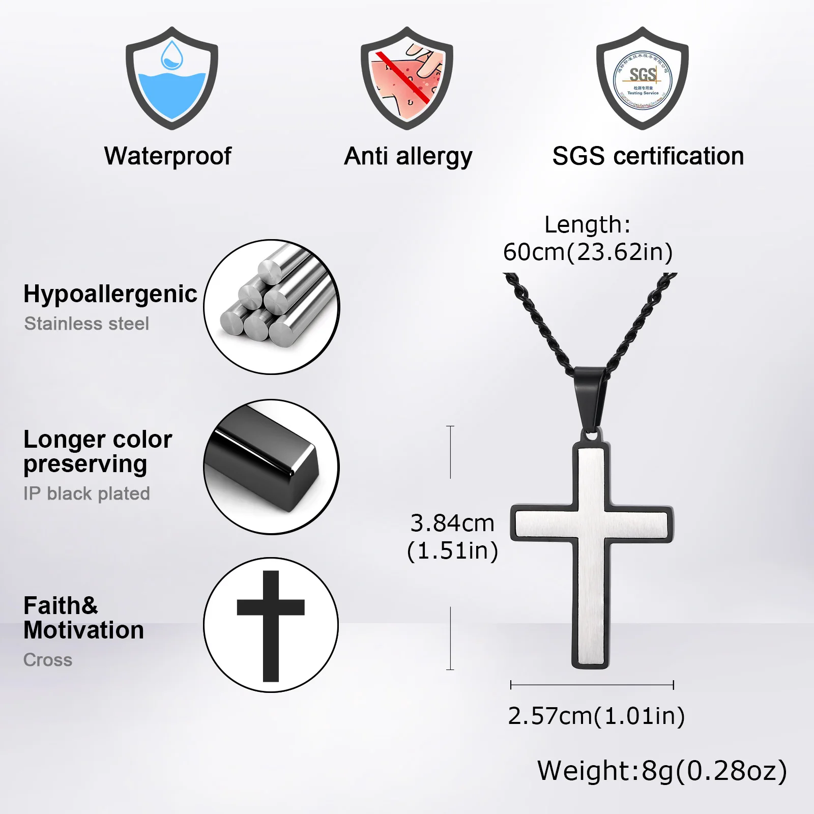 Simple Cross Necklace for Men, Stainless Steel Silver Black Color Cross Pendant Necklaces,Length 60CM 24Inch