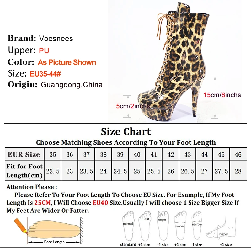 Exotic 15cm 6Inch Platform Ankle Boots Leopard Print Gothic Stripper Heels Round Toe Strip Pole Dance Shoes For Women Size 35-44