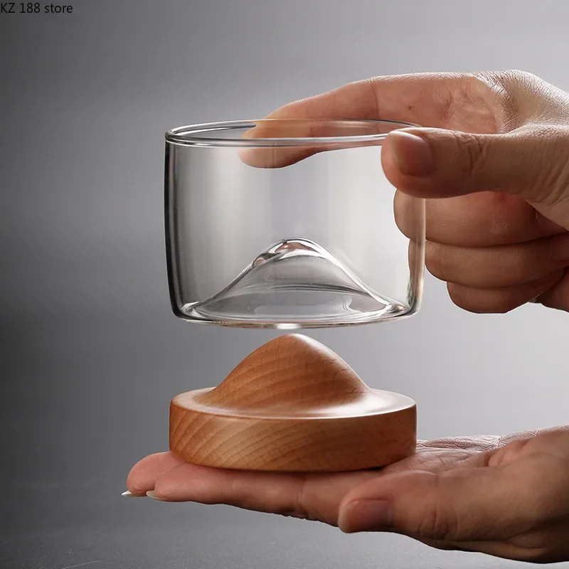 

Japanese Style Small Mountain Cup With Walnut Beech Base Clear Crystal Liquor Vodka White Spirit Shot Glasses Whiskey Tumbler