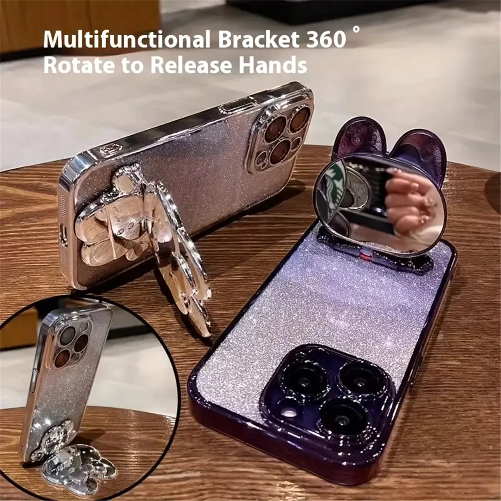Shockproof Glitter Case with Invisible Makeup Mirror and Rabbit Stand Cover