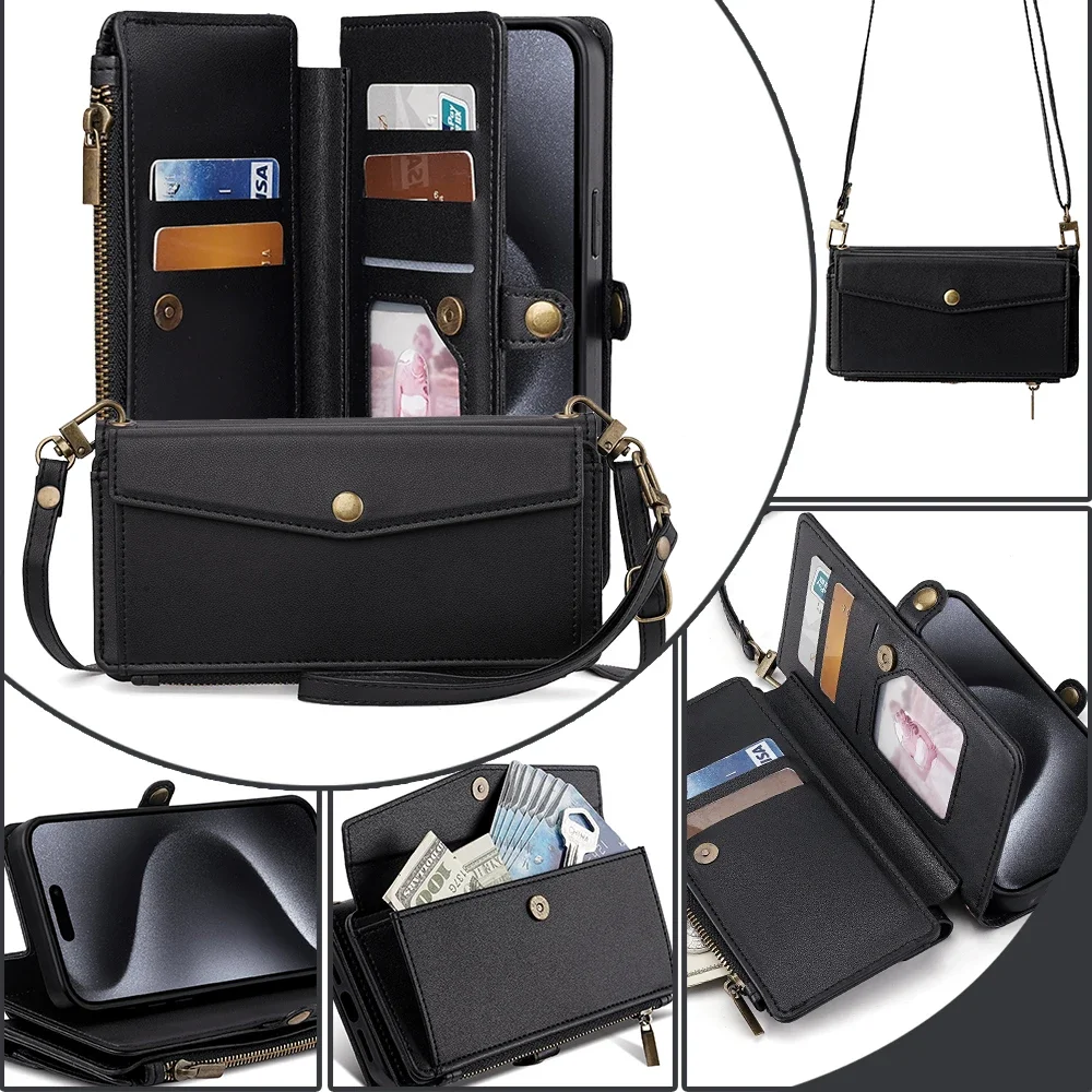 Multi-Functional Leather Wallet Flip Stand Case with Crossbody Strap