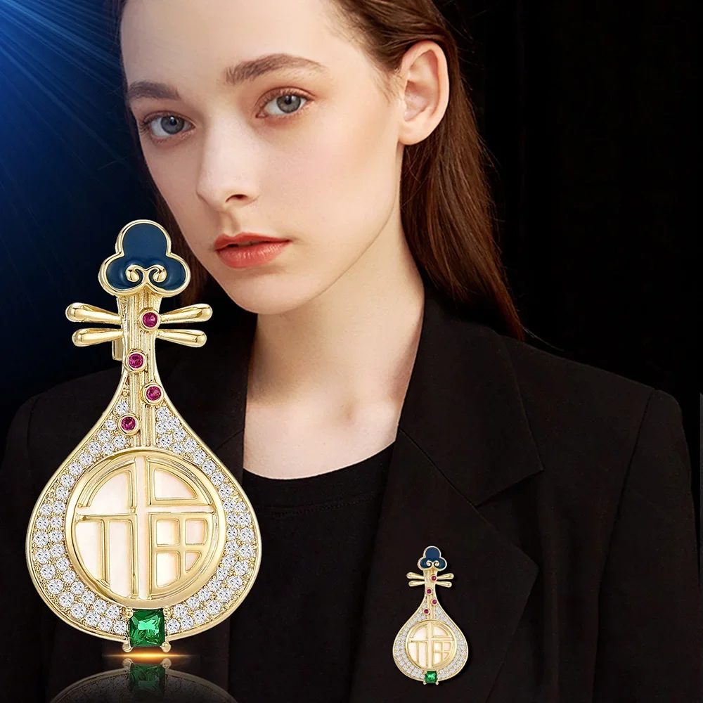 

Fashion Jewelry Pipa Pearl Hollow out Inlaid Ruby Gold Color brooch Clothes Accessories Women's Holiday Leisure Party Girl Gift