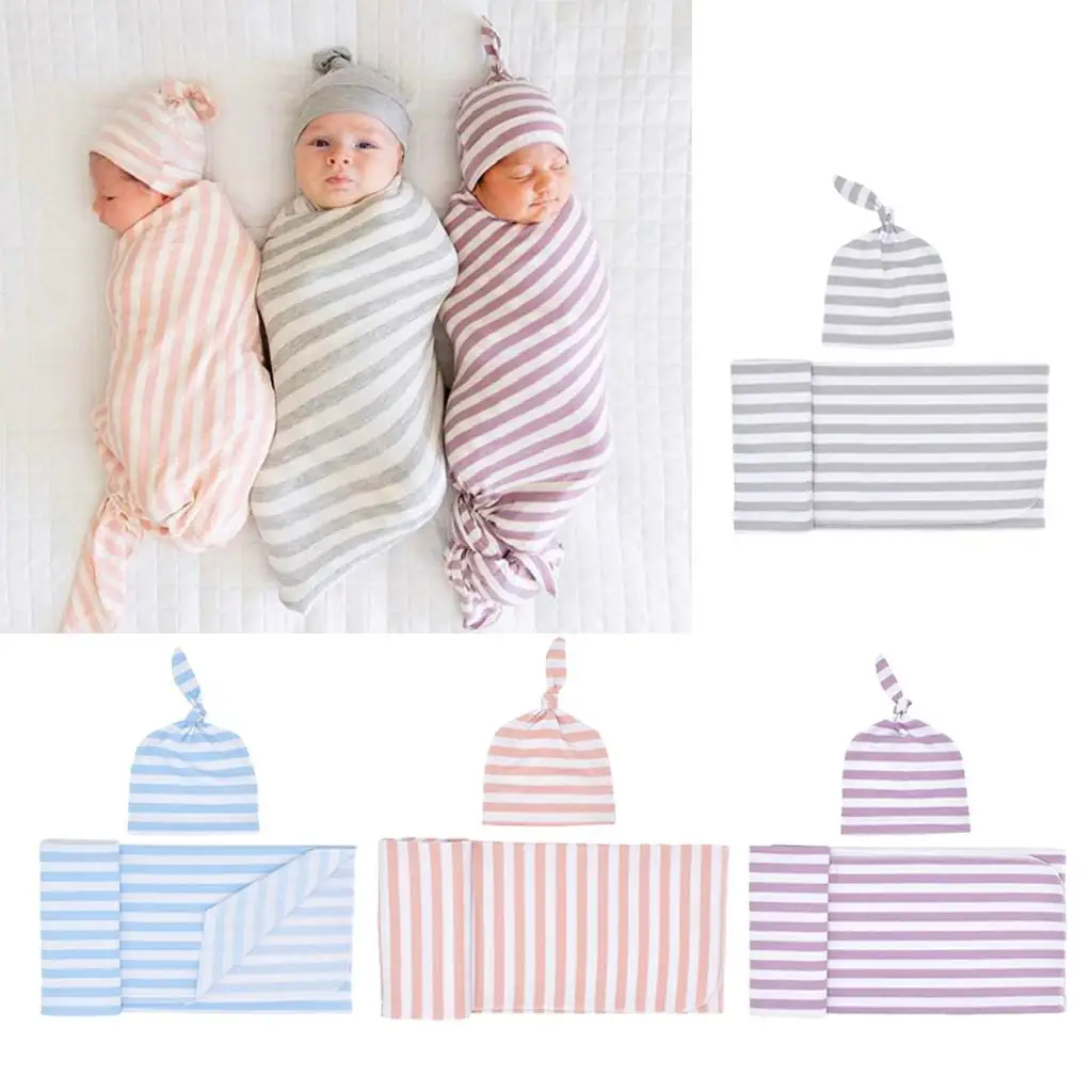 Newborn Infant Baby Striped Swaddle Wrap Sleeping Bag with Hat Set