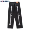 Skeleton Hand Embroidery Denim Pants Mens High Street Wide Leg Pants Streetwear Loose Casual Trousers Jeans Men 1
