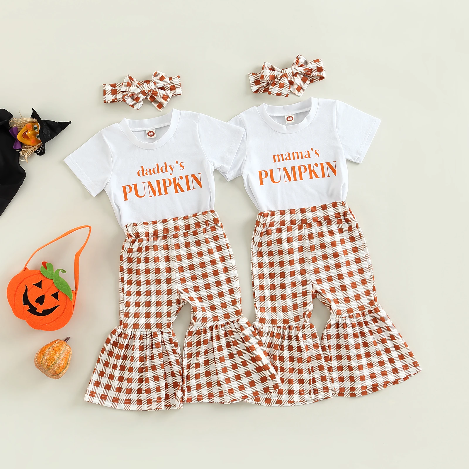 

2022-08-15 Lioraitiin 0-4Years Toddler Kid Girls Pants Set Letters Print T-shirt with Plaid Flare Pants Plaid Headband