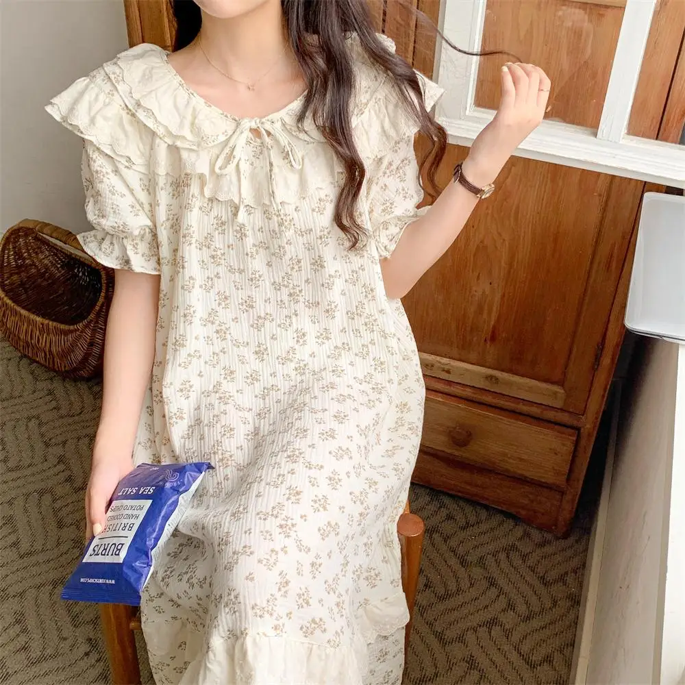 Soft Floral Print Flowers Flounce Short Sleeve NightDress Women Summer Cotton Sleepwear Ins Comfortable Casual Elegant Loose