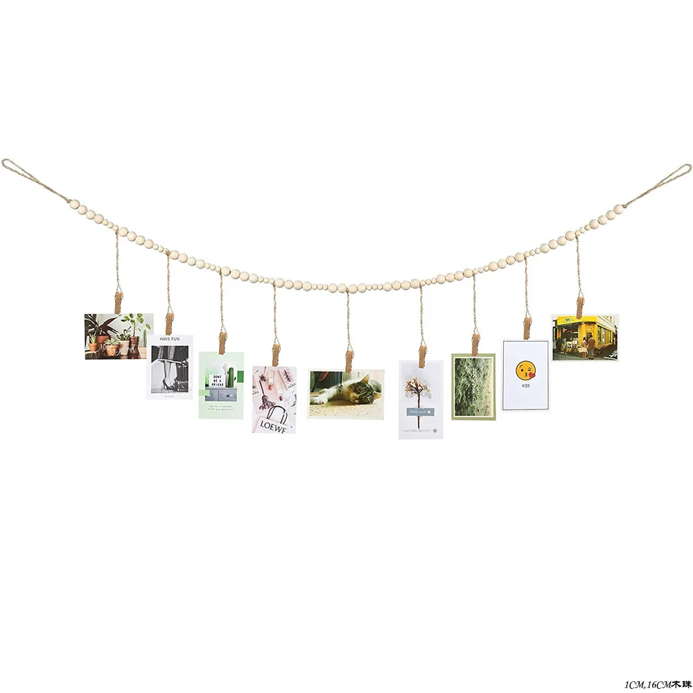 Hanging Photo Display with Log Color Wooden Bead String Photo Storage Tassel String Hemp Rope Bead Clip Home Decoration photography clamps