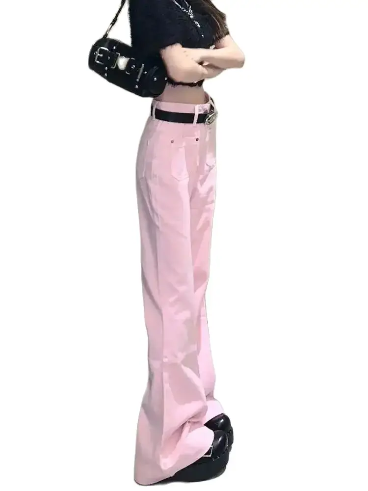 Flare Jeans Pink High Waist Streetwear Loose All-Match Spring Fashion Korean Style Simple Women Asual New Floor Mopping Pants