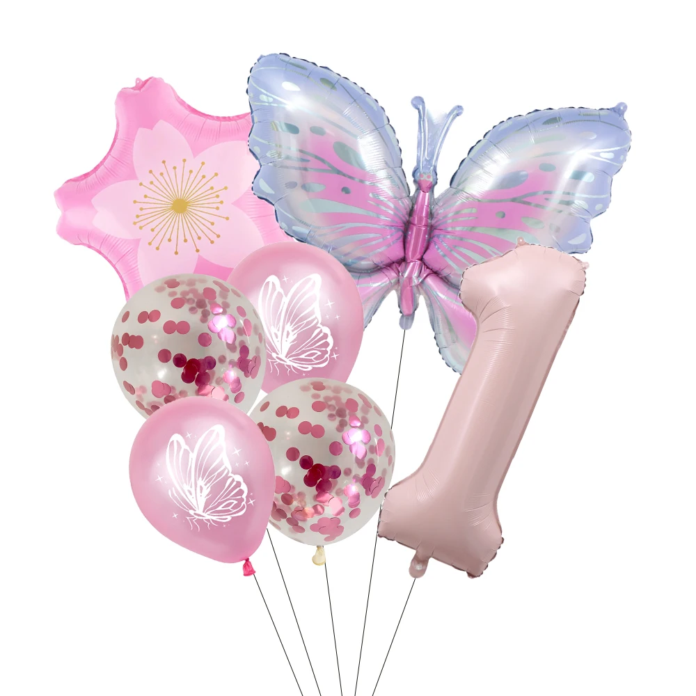 Butterfly Sunflower Celebration Balloon Set - Pink & Blue 7-Piece Party Decor Collection