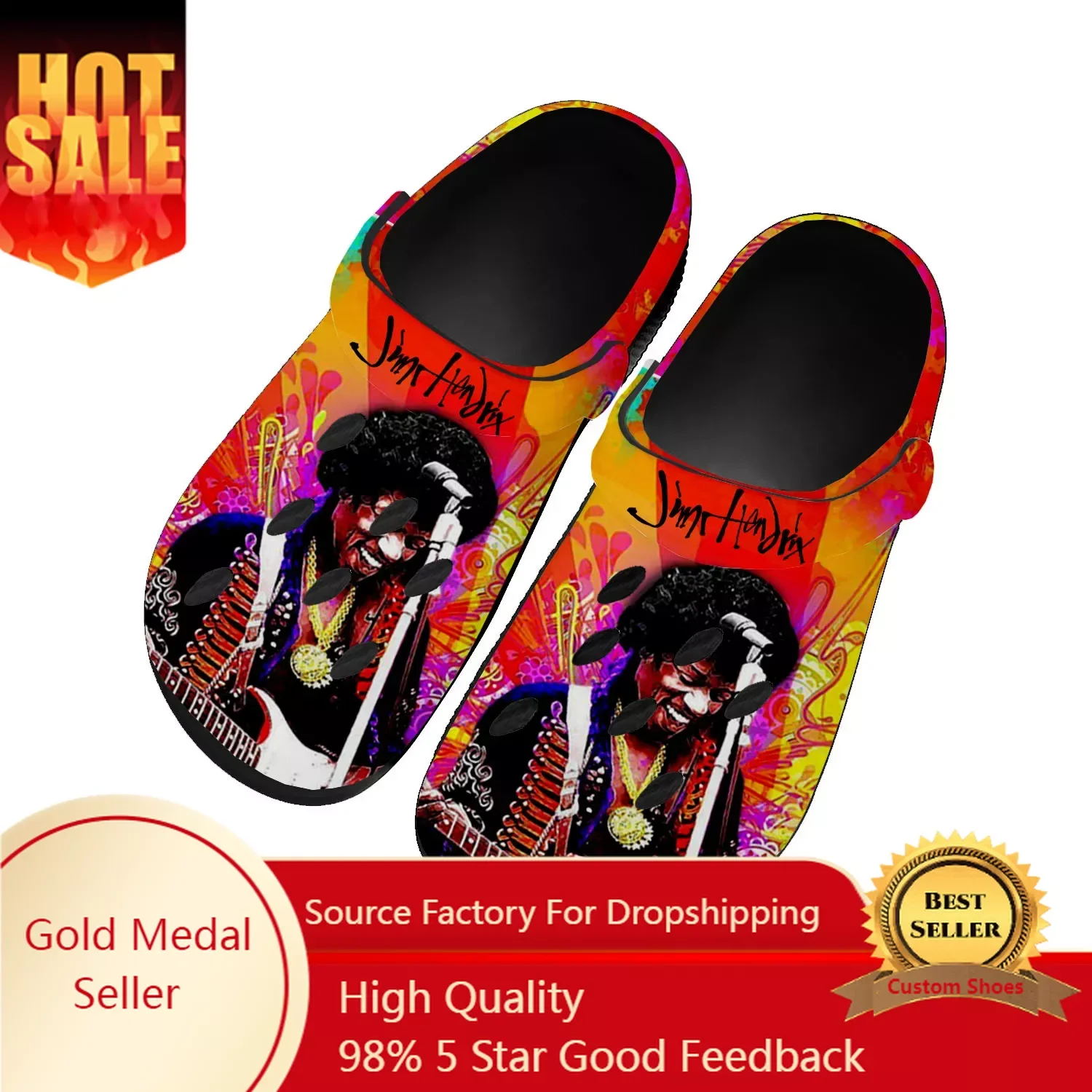 

J-Jimi Guitarist Home Clogs Custom Water Shoe Men Women Teenager Shoe Garden Clog Breathable Beach H-Hendrix Hole Slippers Black