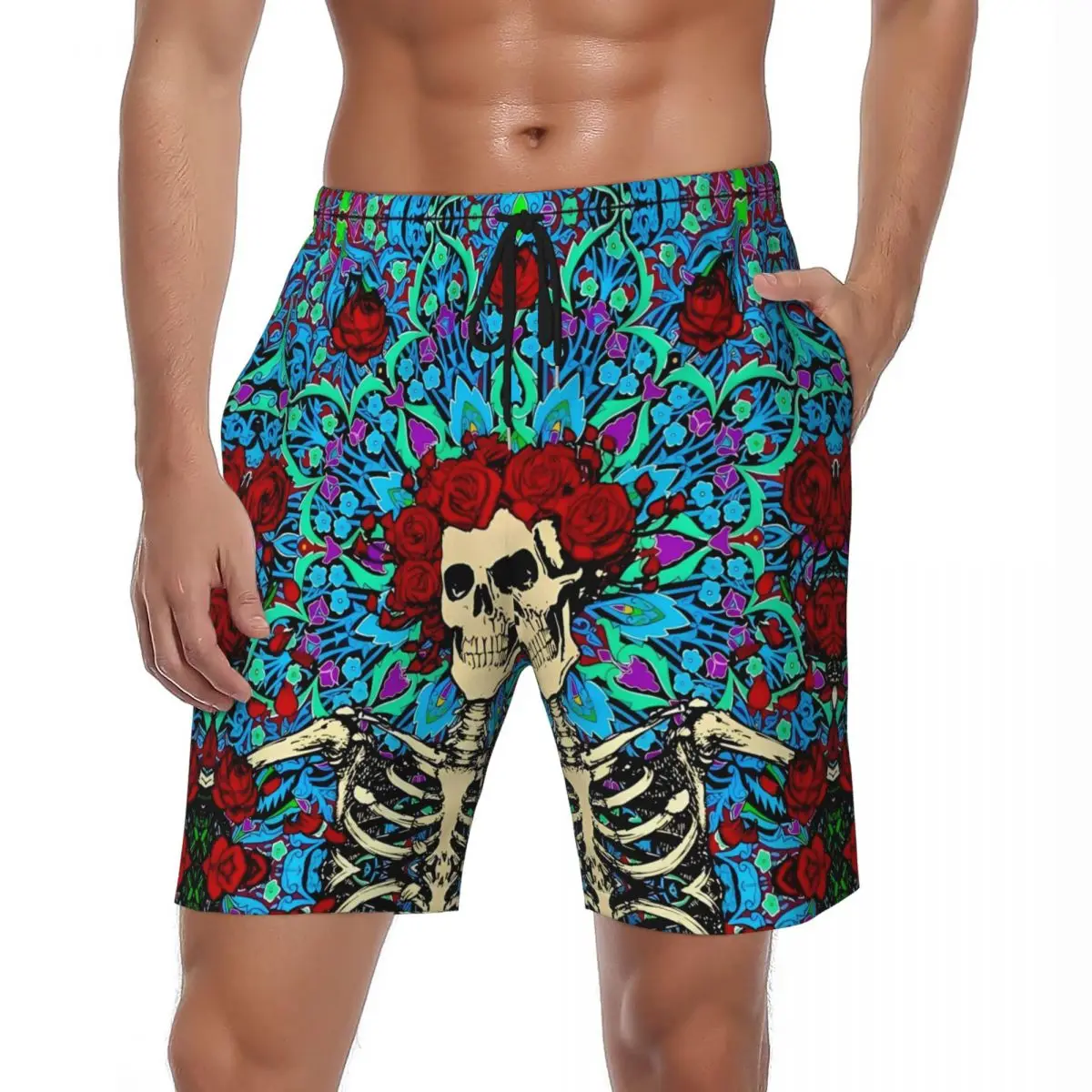 

Males Board Shorts Rose Skull Hawaii Swim Trunks Retro Breathable Sports Fitness High Quality Plus Size Board Short Pants