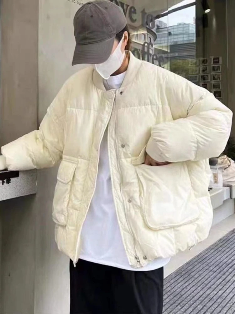 

Winter Coat for Women 2023 New O Neck Pockets Quilted Jacket Women Loose Casual Korean Fashion Warm Long Sleeve Tops Outerwear