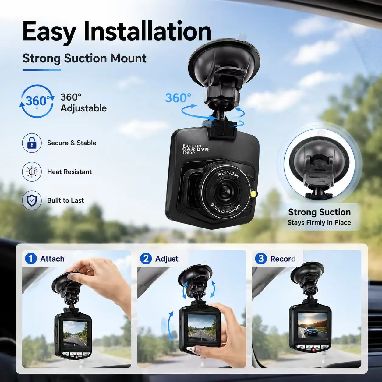 Telecamera DVR per Auto 1080P, Registratore Video HD per Veicoli, Monitor DVR, Telecamera per Parcheggio con Sensore di Gravità e Registrazione in Loop - immagine 2