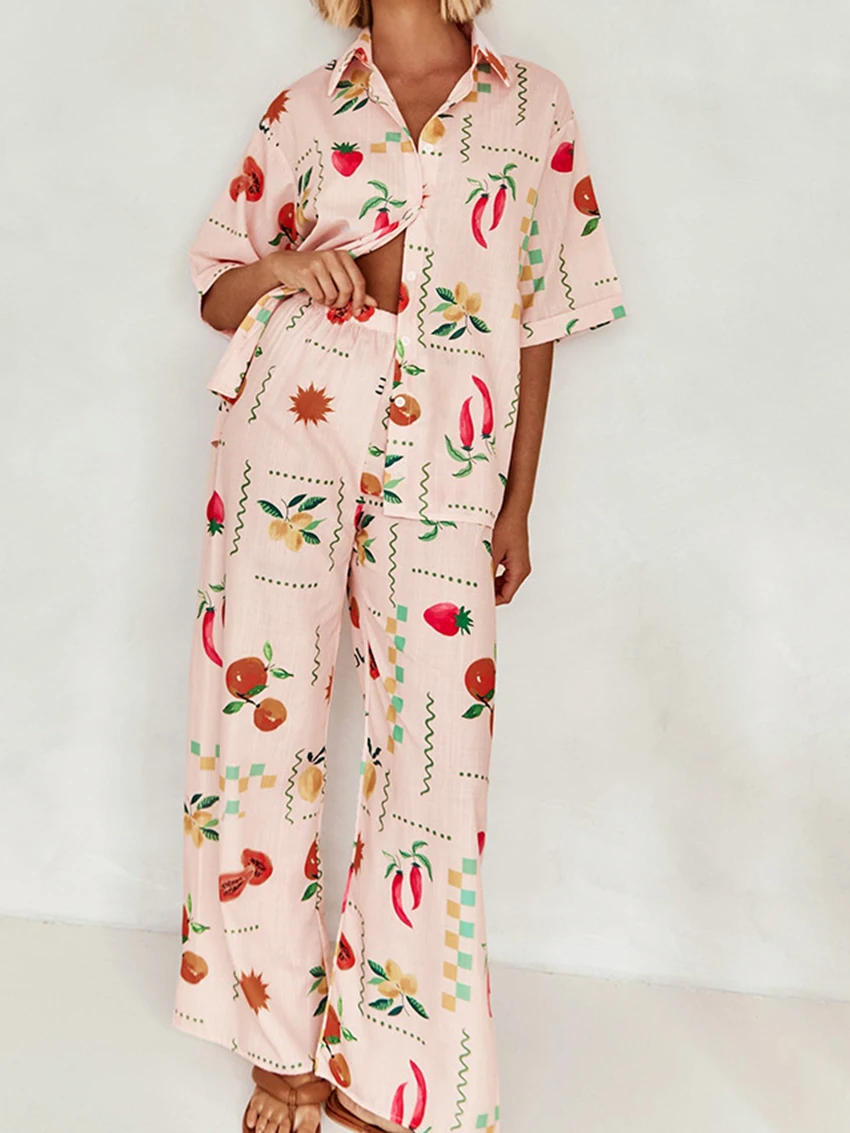 Mathaiqiqi Casual Ladies Nightwear Set Half Sleeve Nightie Turn-Down Collar Sleepwear Wide Leg Pants Printing Femme Pajamas Suit