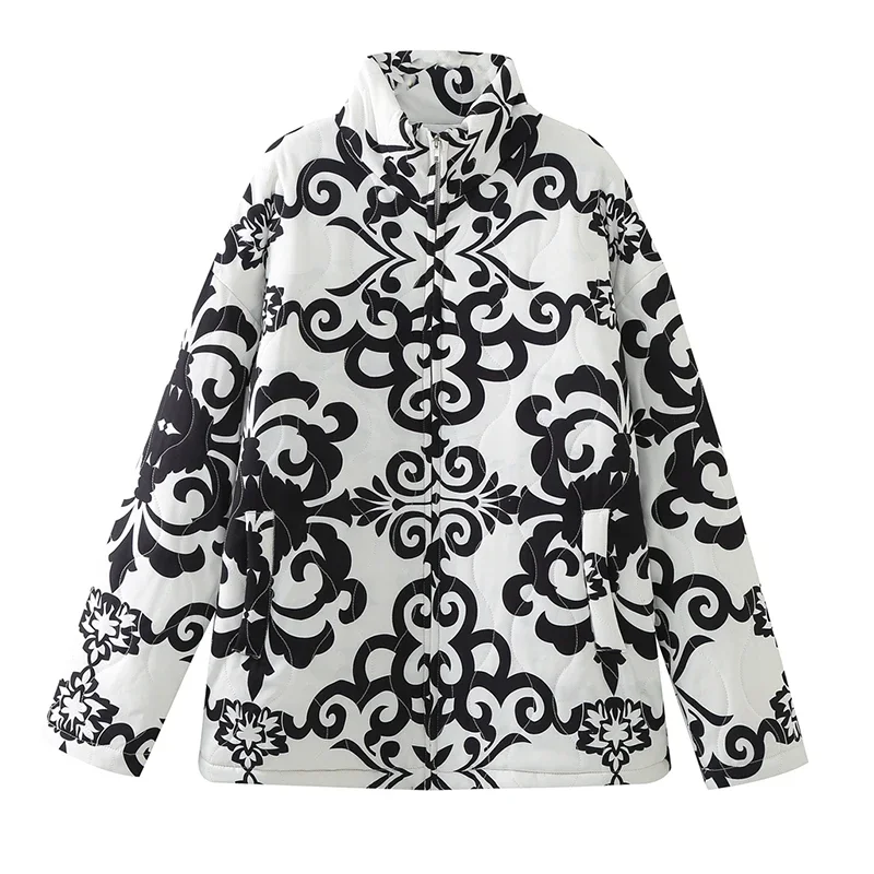 

Women's Winter Vintage Print Cotton Jackets Coat Fashion Oversize Zipper Long Sleeve Parkas Female Outerwear Top Clothing