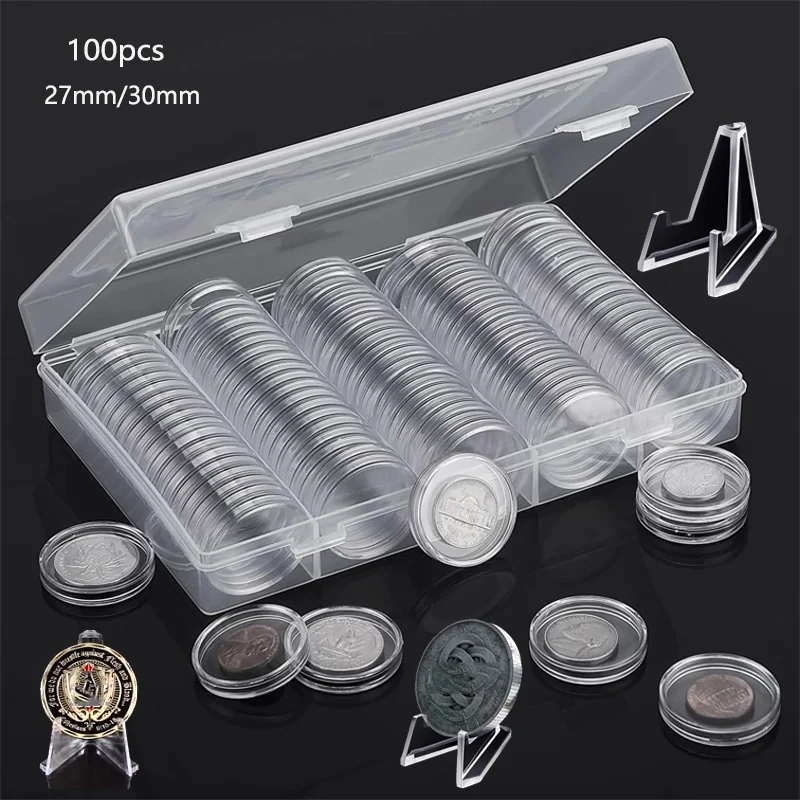 100Pcs Clear COINNING Capsule Holder Case 27/30mm Transparent Commemorative Collectable Medal Storage Box Collection Supplies