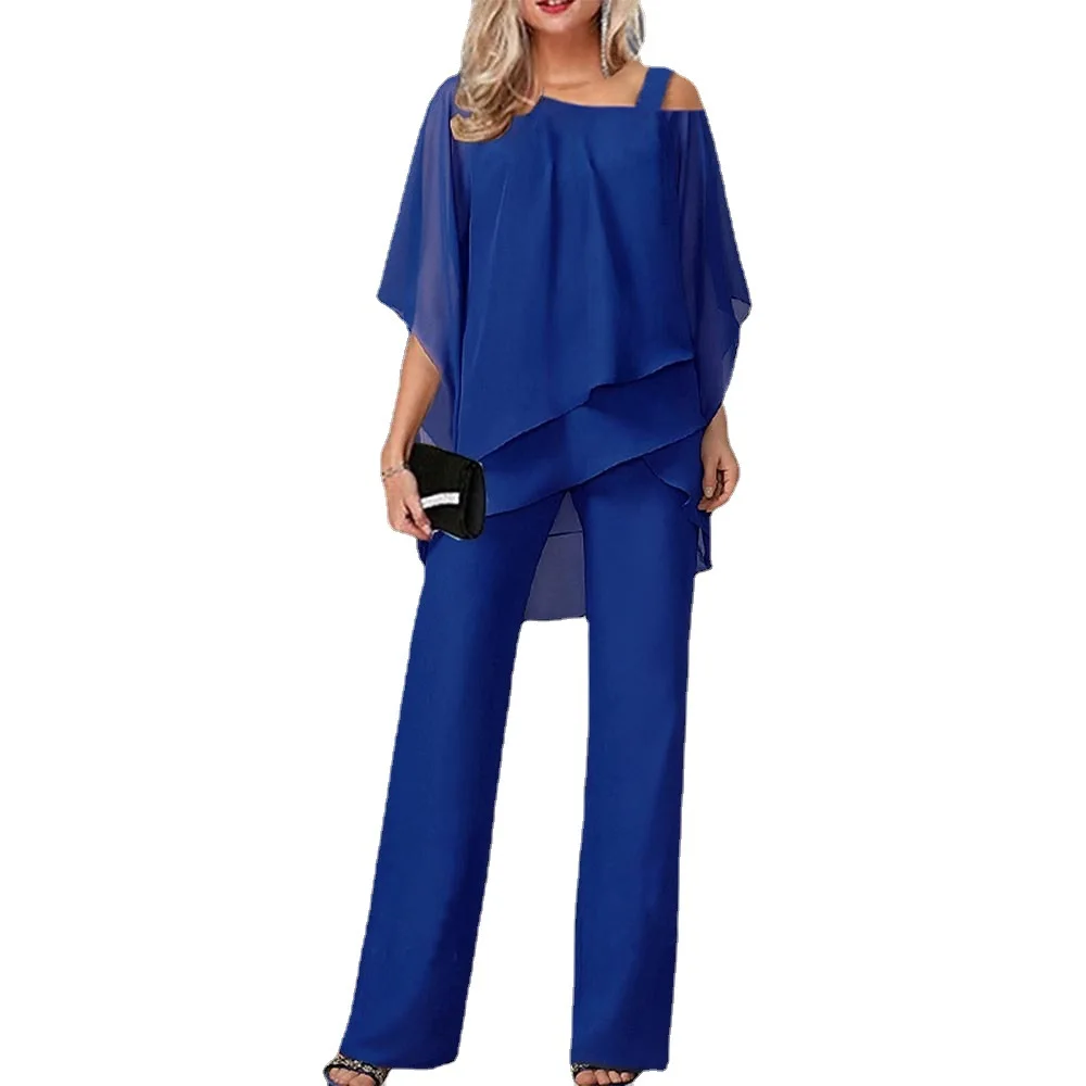 Women's Loose Relaxed Bat Sleeve Irregular Set Top and Pants, European and American Fashion, Solid Color, Office Wear, New