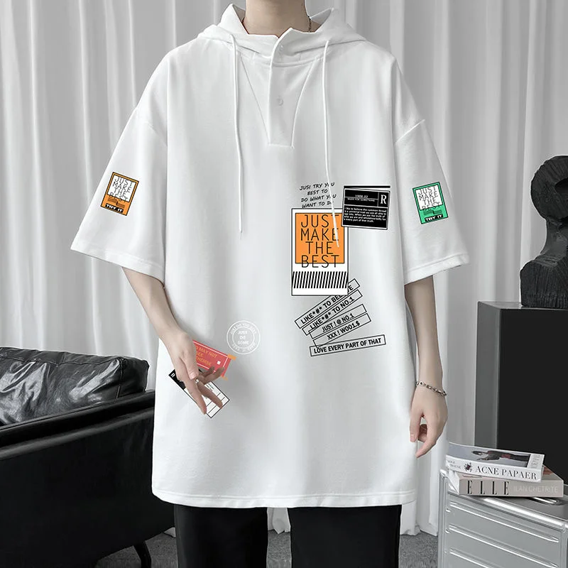 HybSkr Harajuku Letter Graphic Men's Hooded Tshirt Oversized Short Sleeve Half Sleeve T-shirt Casual Cotton Male Korean Clothing