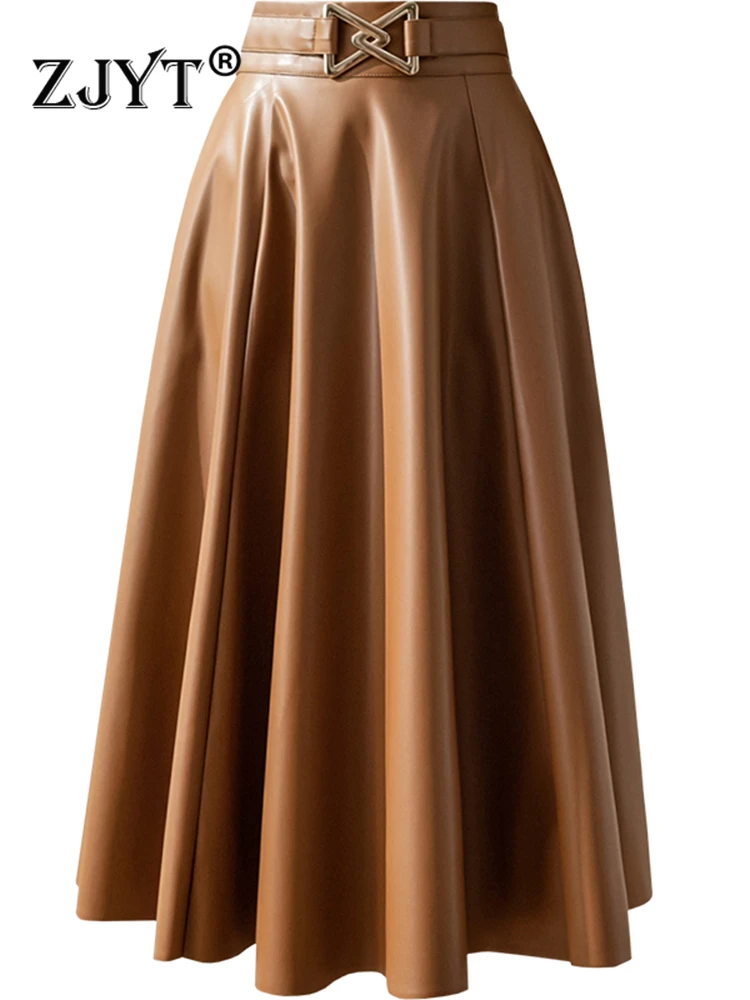 

ZJYT PU Faux Leather Skirt for Women High Waist Elegant Black Midi Faldas Female Office Party Autumn Winter Fashion New 2023