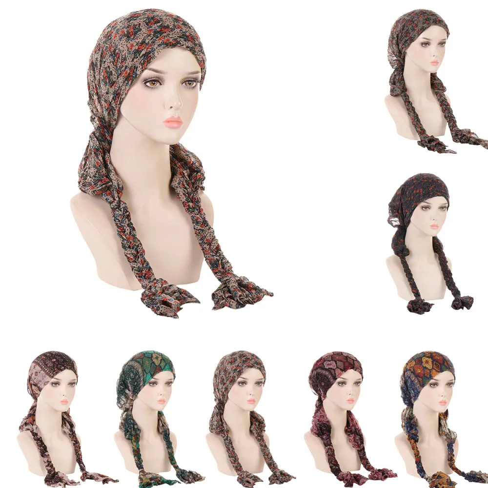 

Pre-Tied Turban Women Chemo Cap Muslim Hijab Inner Caps Hair Loss Cover Beanies Bonnet Braids Long Tail Headscarf Hat Headwrap