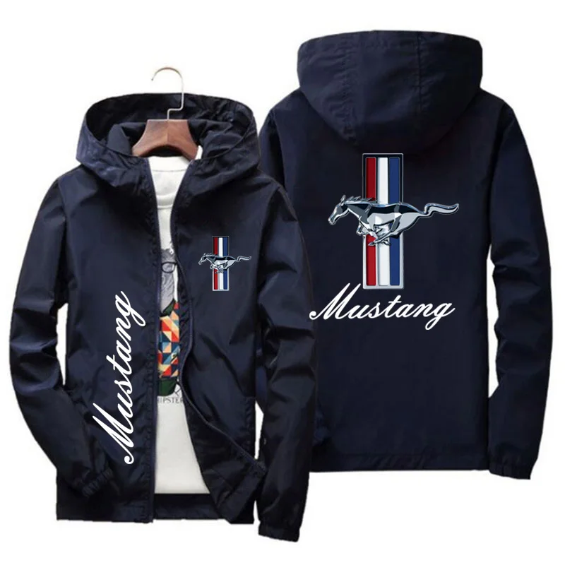 

Men's Ford Mustang logo printed hooded jacket, fashionable jacket, men's trench coat, outdoor casual wear, spring and autumn