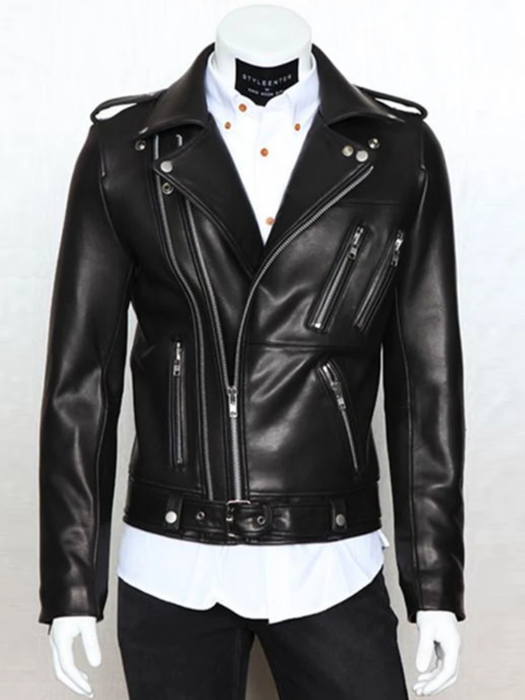 

Spring Autumn Cool Black Soft Faux Leather Jacket Men with Many Zippers Long Sleeve Belt Plus Size Outerwear