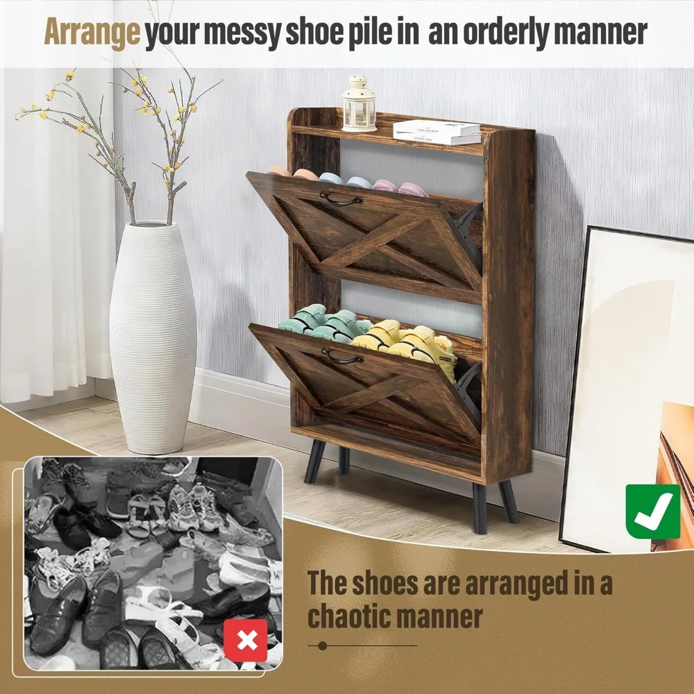 Shoe Storage Cabinet with 2 Flip Drawers, Freestanding Ultra-Thin Shoe Cabinet, Hallway, Bedroom, Shoes Cabinets 6