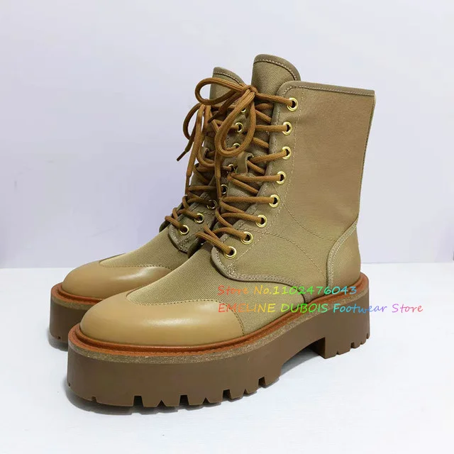 

Thick Sole Short Boots Woman Genuine Leather Patchwork Khaki Boots Female Lace Up Round Toe Flat Motorcycle Boots Women