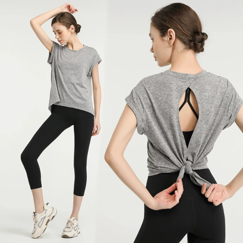 

Casual Summer Sportswear Set Women‘s Loose, Nude, Buttock, Cropped Yoga Pants Yoga Jacket, Short Sleeves