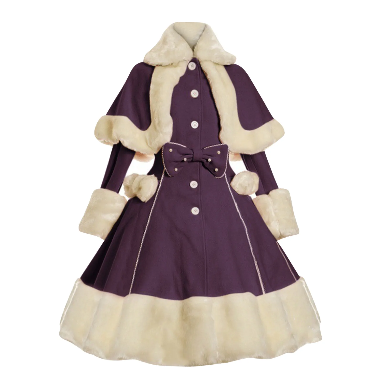 Vintage Gothic Lolita Dress Suit Women Fur Collar Long Sleeves Shawl Cute Single-breasted Winter Warm Thick Bow Dresses lolita dress lolita suspender dress lolita cosplay costumes suspender dress