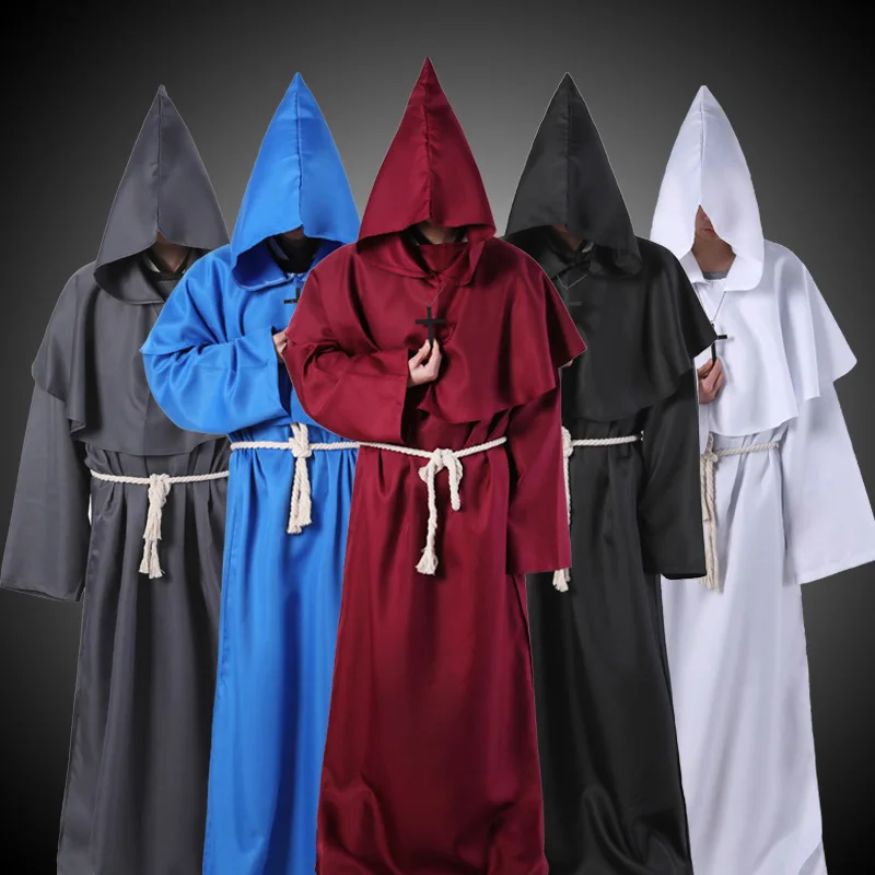 

2019 New 1pc Medieval Costume Men Women Vintage Renaissance Monk Cosplay Cowl Friar Priest Hooded Robe Rope Cloak Cape Clothing