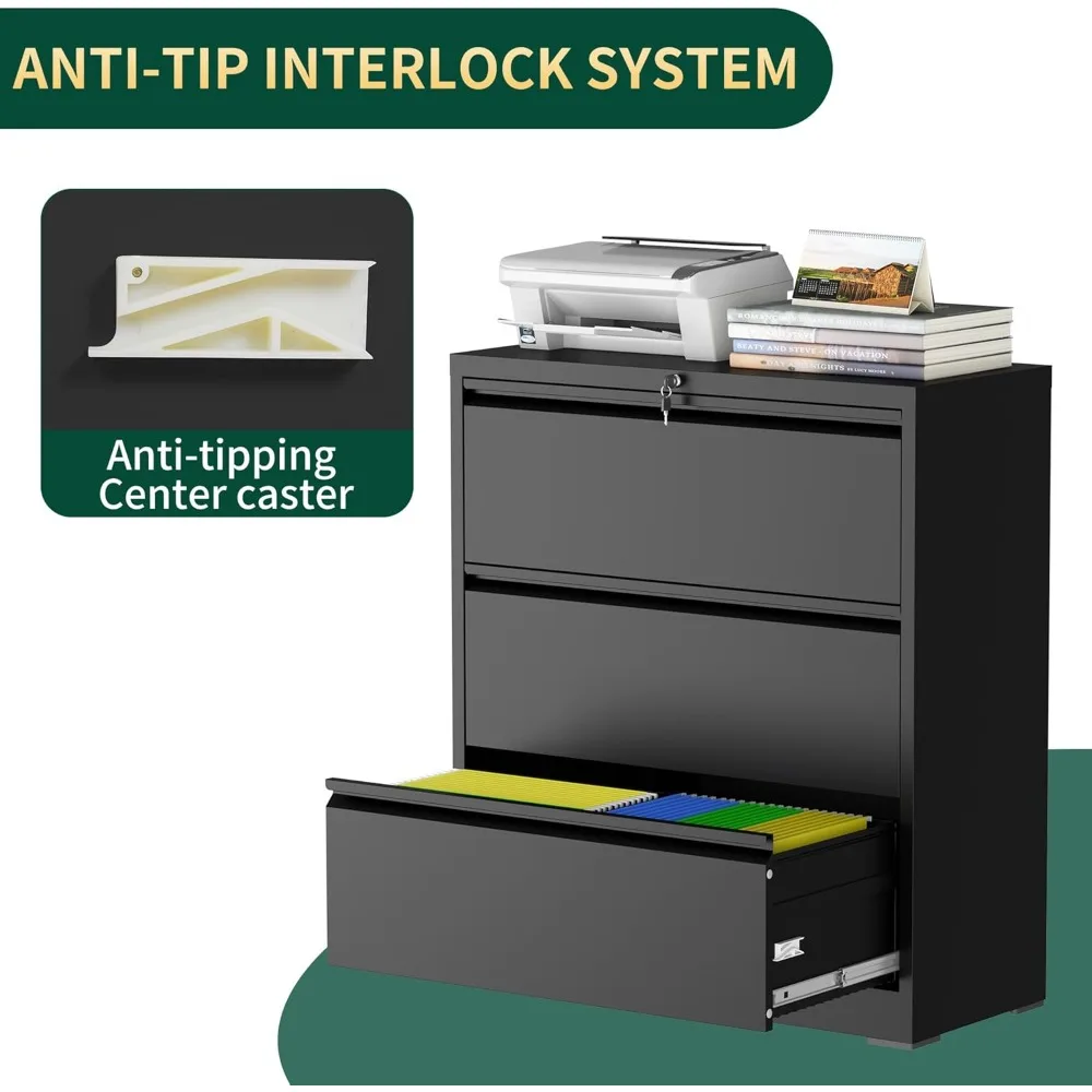 3 drawer lateral file cabinet with lock, metal file cabinets for home office, steel heavy-duty filing storage cabinet for letter