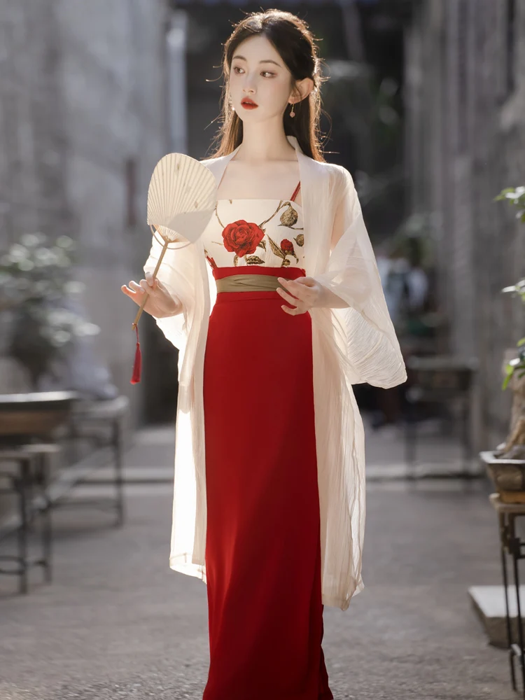 

2023 new fashion women's Clothing jacket strap skirt rose Chinese clothing three-piece set