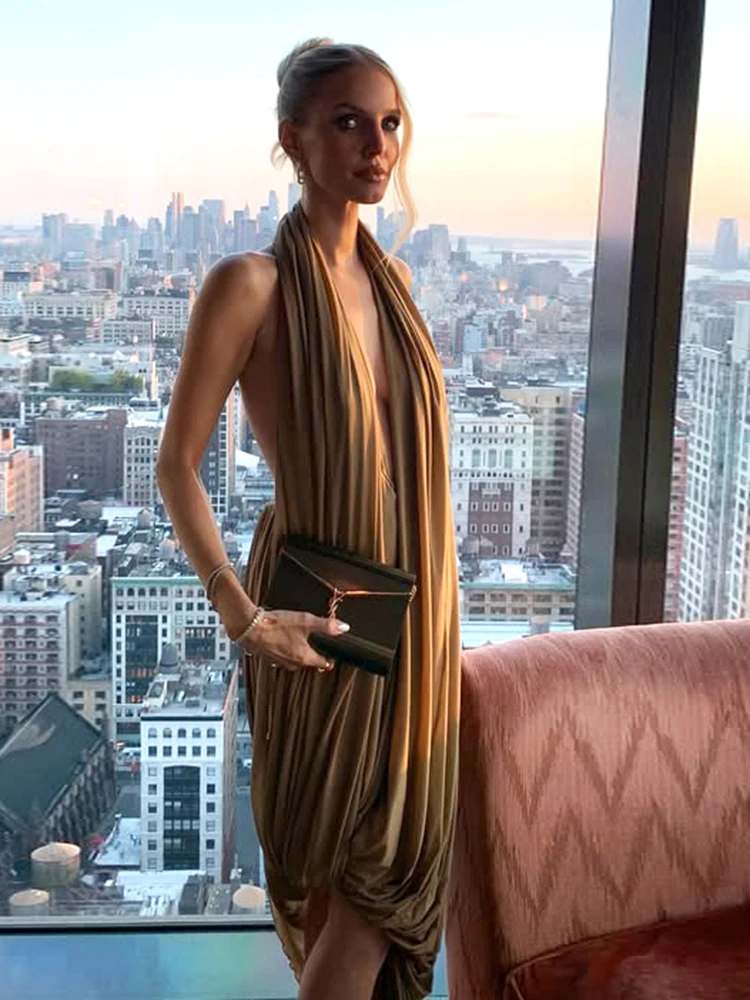 Nibber Ruched Halter Maxi Dress Women Sleeveless Backless Irregular Hem Solid Vacation Classic Basis Prom Party Elegant Vestidos