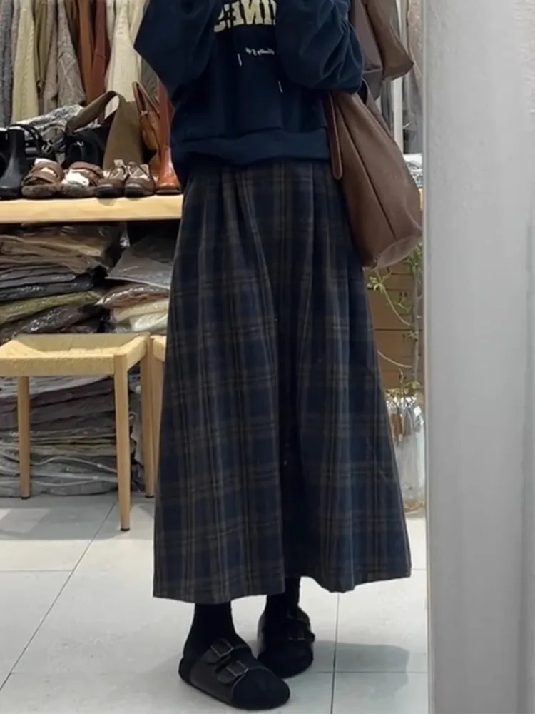 Retro Japanese Sle High Waist Woolen Plaid  Skirt Women's Autumn Winter plus Size Versatile Mid-Length A-Line Skirt