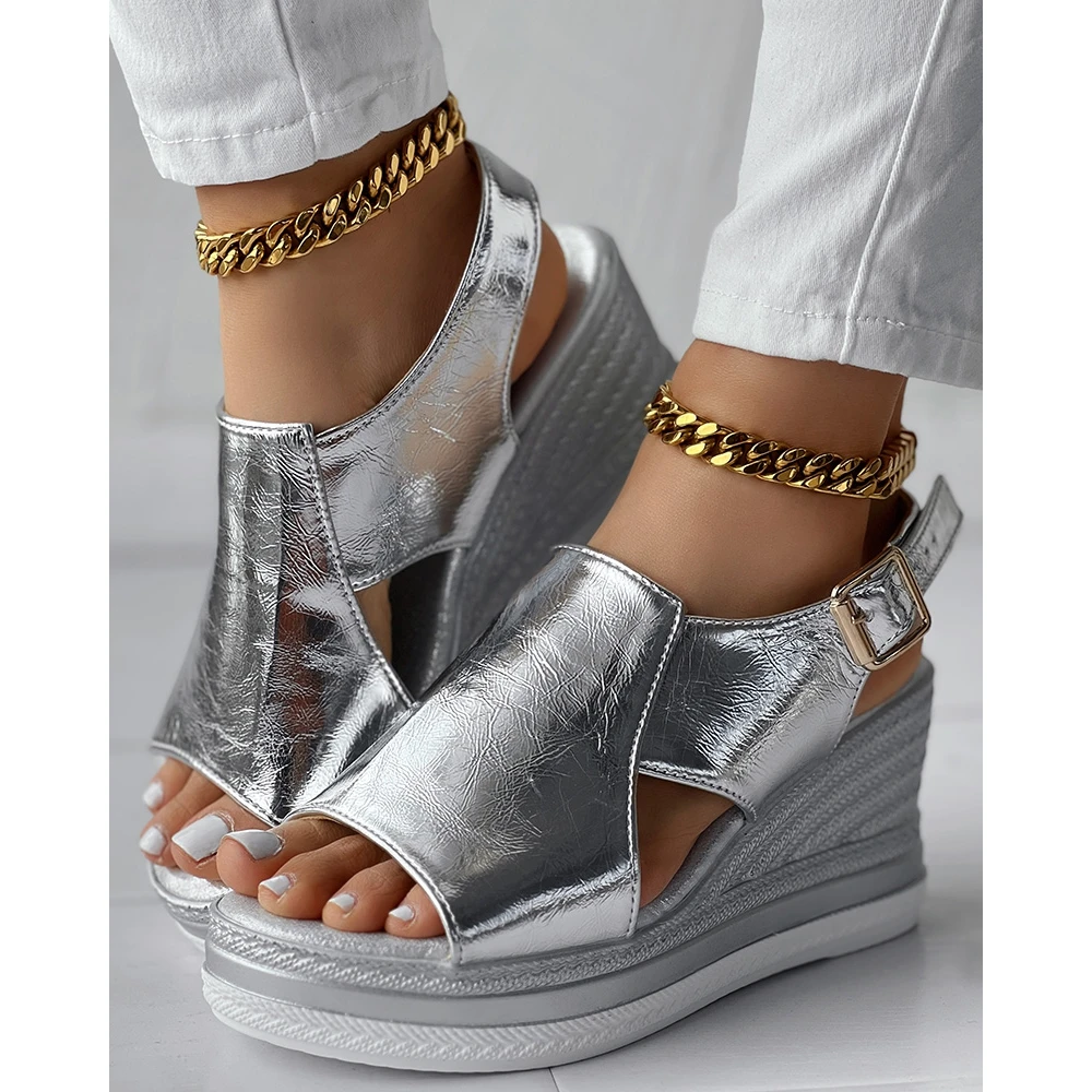 Fashion Women Hollow Out Slingback Peep Toe Sandals Lady Summer Casual Wedge Going Out Sandals Platform Ankle Buckle Shoes Party