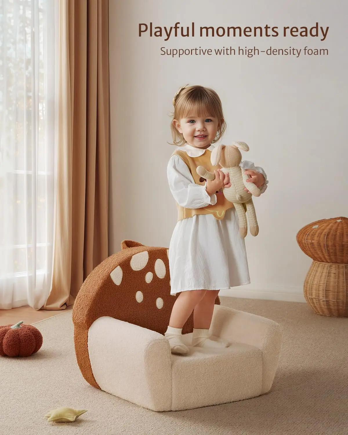 Foam Kids Chair with Soft Teddy Plush, Toddler Reading Armchair with Cute Mushroom Designs- Brown 4