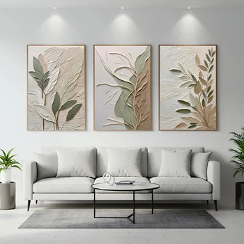 Set di 3 Poster su Tela Testurizzata, Triptico a Tema Botanico Verde Salvia, Stile Wabi-Sabi, Decorazione Murale per Casa