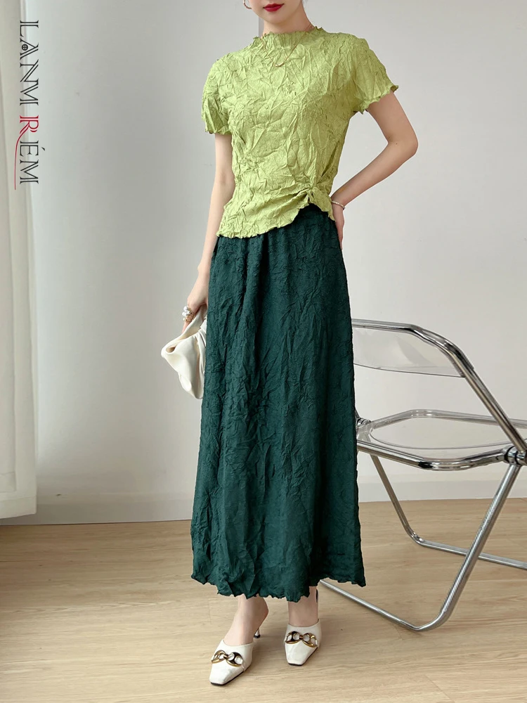 

LANMREM Irregular Pleated 2 Pieces Set For Women Stand Collar Short Sleeves Tops Casual High Waist Skirts 2023 New 2YA3776