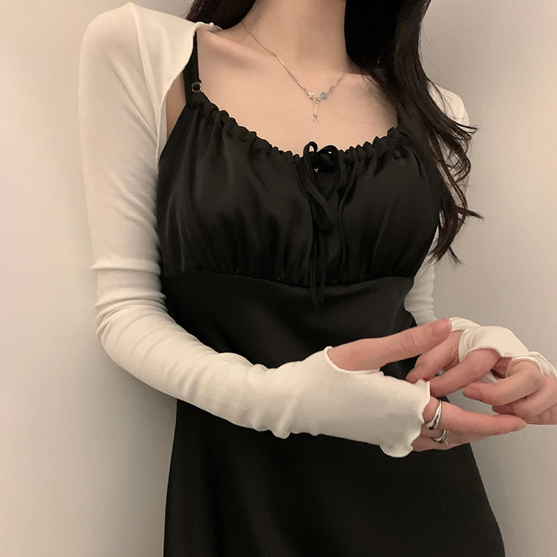 여성용 엄지 구멍 긴 소매 셔그 단색 오픈 프론트 크롭 가디건 탑 바디콘 슬림 핏 자외선 차단 암 커버 재킷 장갑