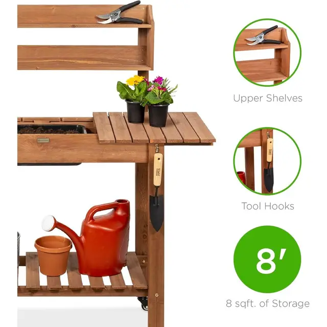 Outdoor Wooden Garden Potting Bench with Sliding Table, Dry Sink, Storage, and Locking Wheels