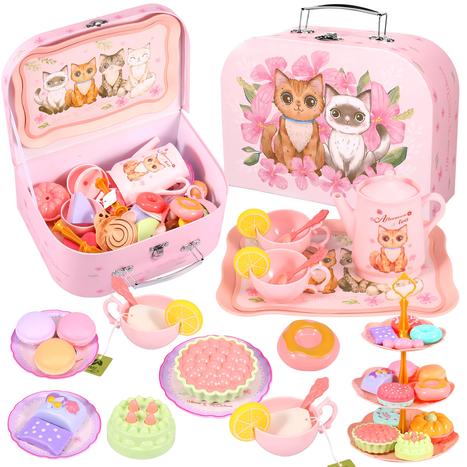 

46Pcs Kids Tea Party Set Funny Afternoon Tea Pretend Toy with Teapot Dessert Cake Stand Storage Box Portable Simulation Princess