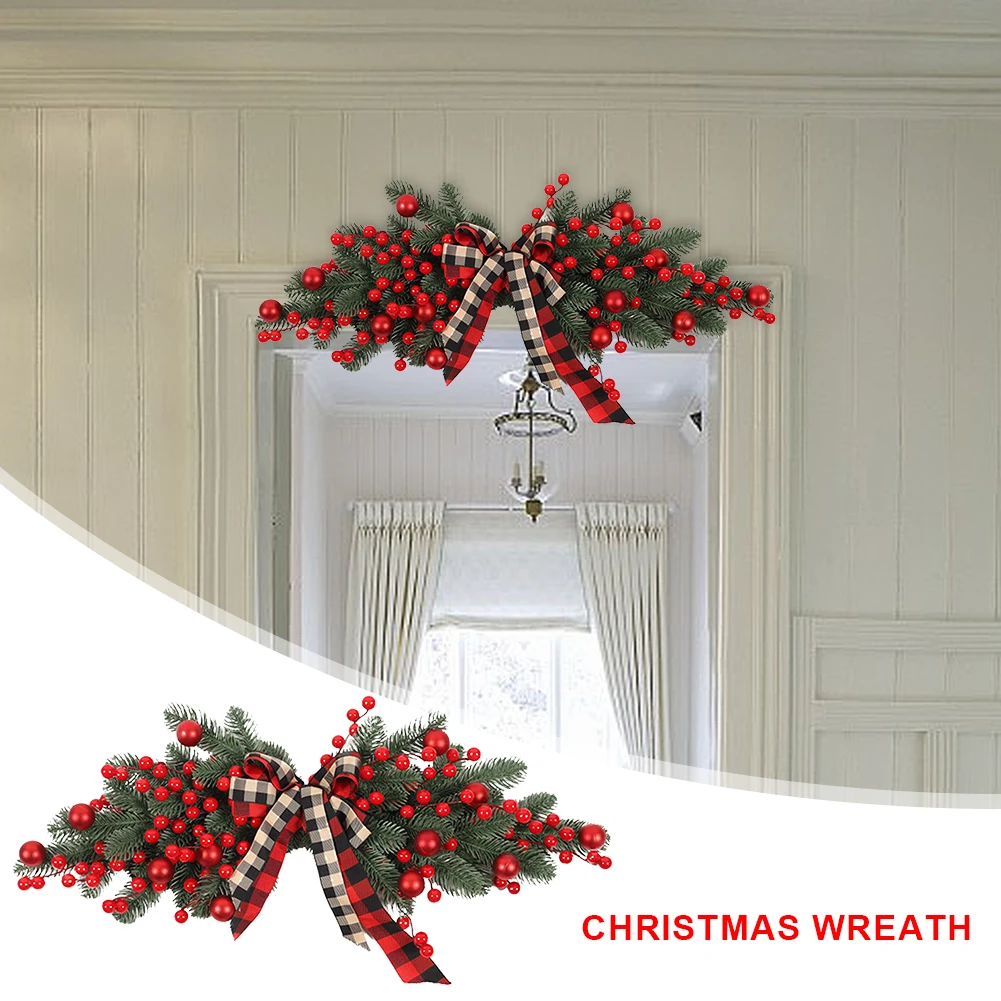 

Рождественский искусственный венок из ветвей сосны, фотообои красного цвета, декоративные красные шарики для украшения стен, дверей, Lintel Decor
