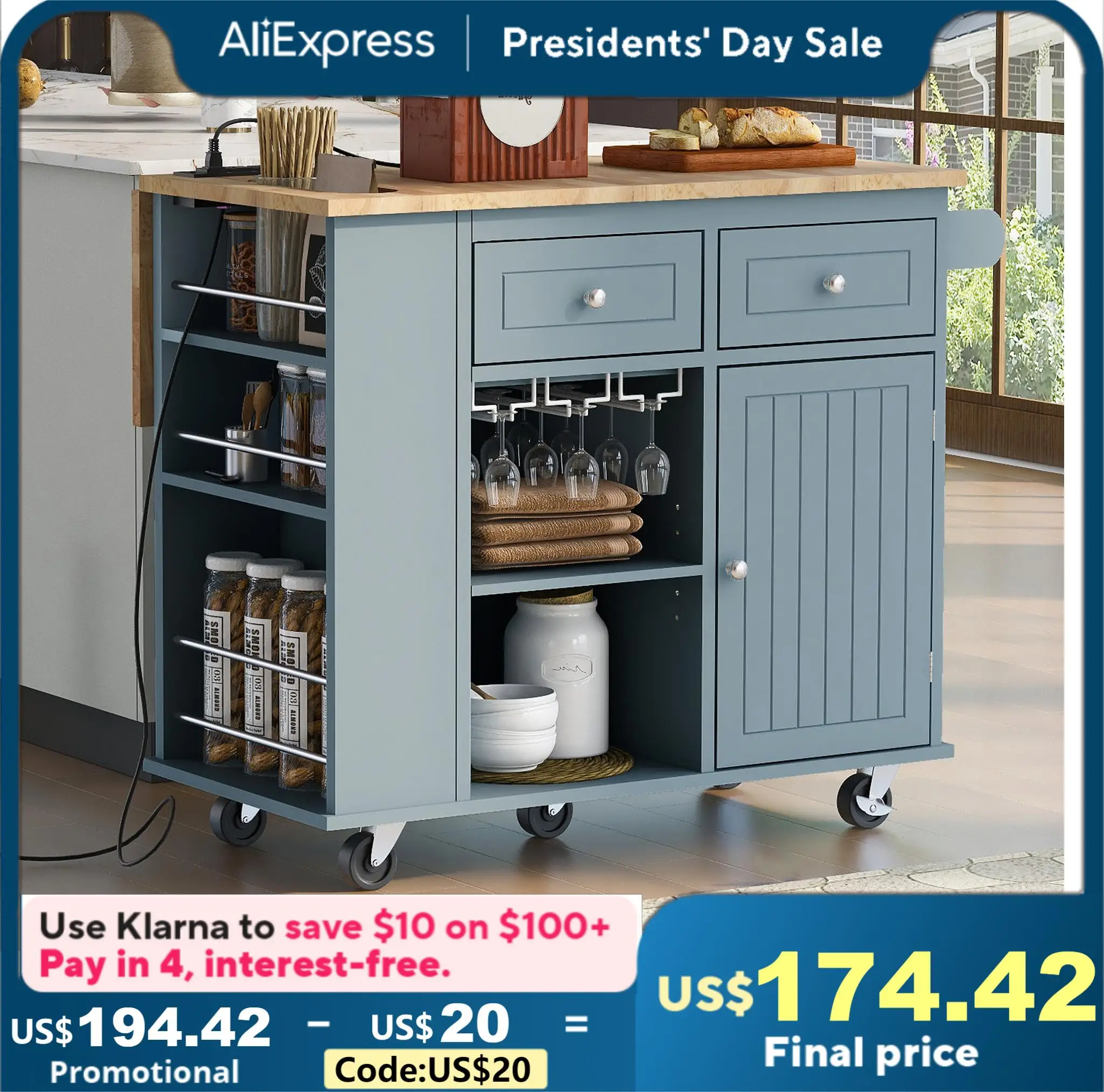 

Rubber Wood 39.8 in. W Kitchen Island with Power Outlet,Adjustable Storage and Wine Rack,Kitchen Cart